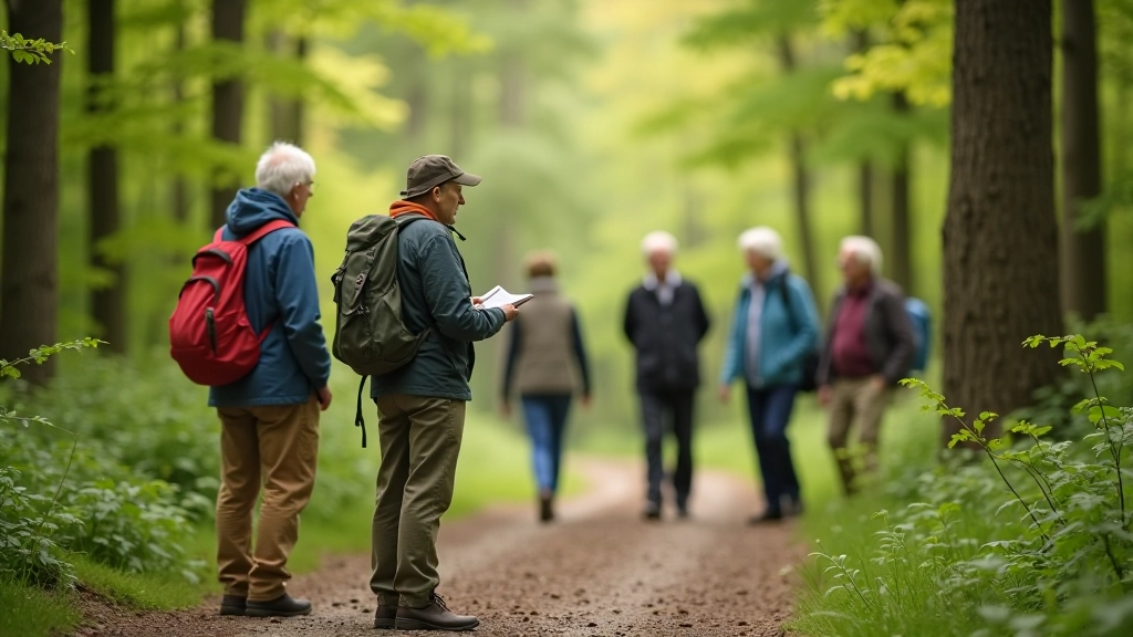 Průvodce vysvětluje zajímavosti turistům na lesní cestě
